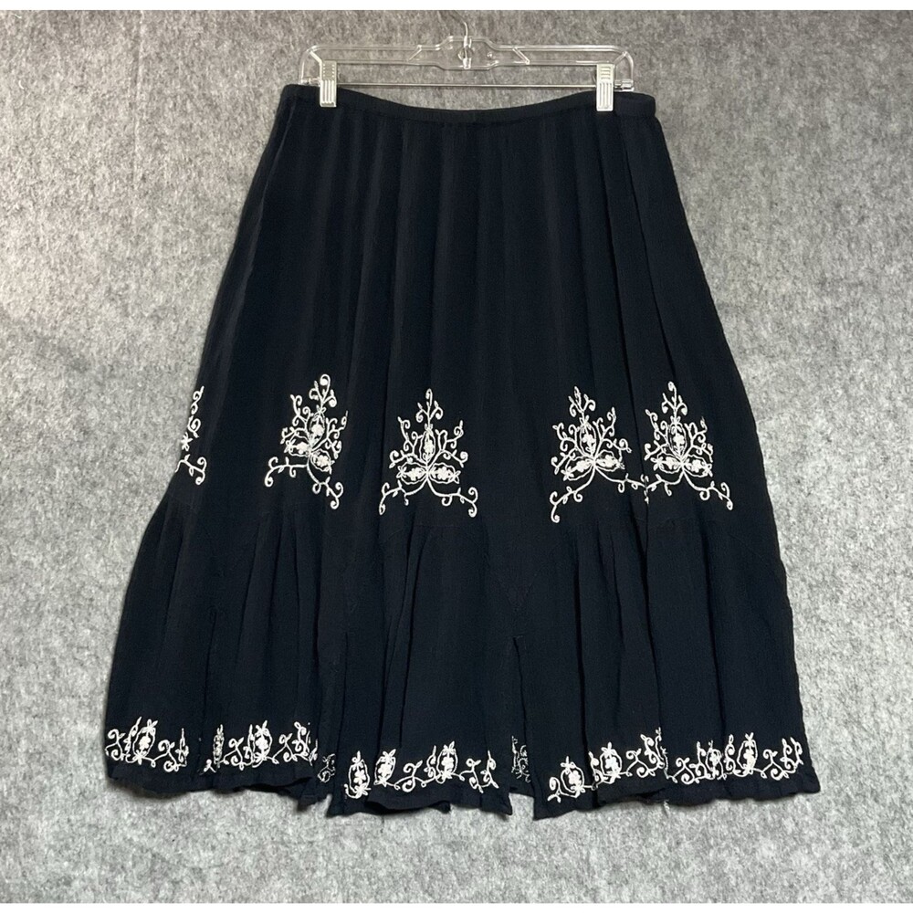 Bila Skirt Womens XL Black Floral Embroidered Pull On Midi Gauzy Boho Goth